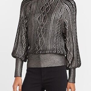 Metallic Foil Cable Knit Mock Neck Sweater